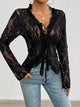 Tied V-Neck Long Sleeve Lace Top Black