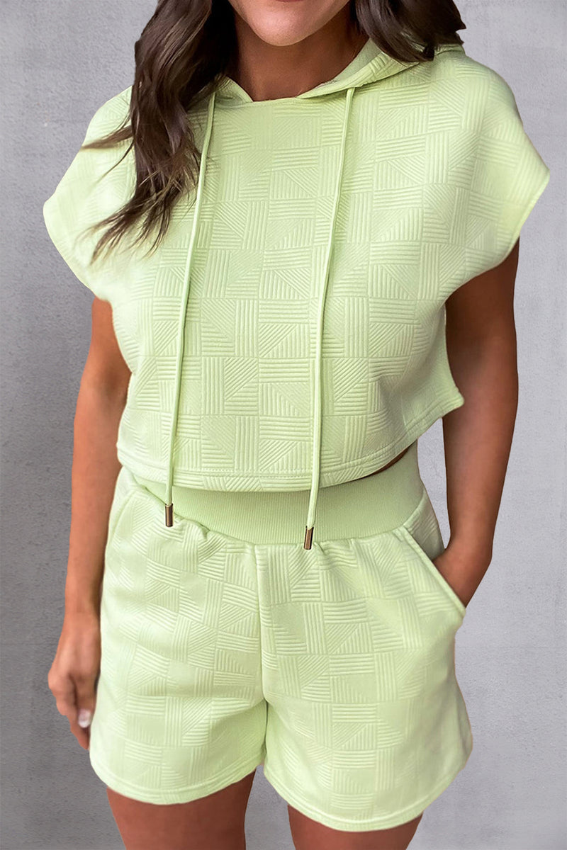 Textured Drawstring Hoodie and Shorts Set Light Green