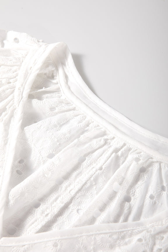 Eyelet V-Neck Long Sleeve Blouse