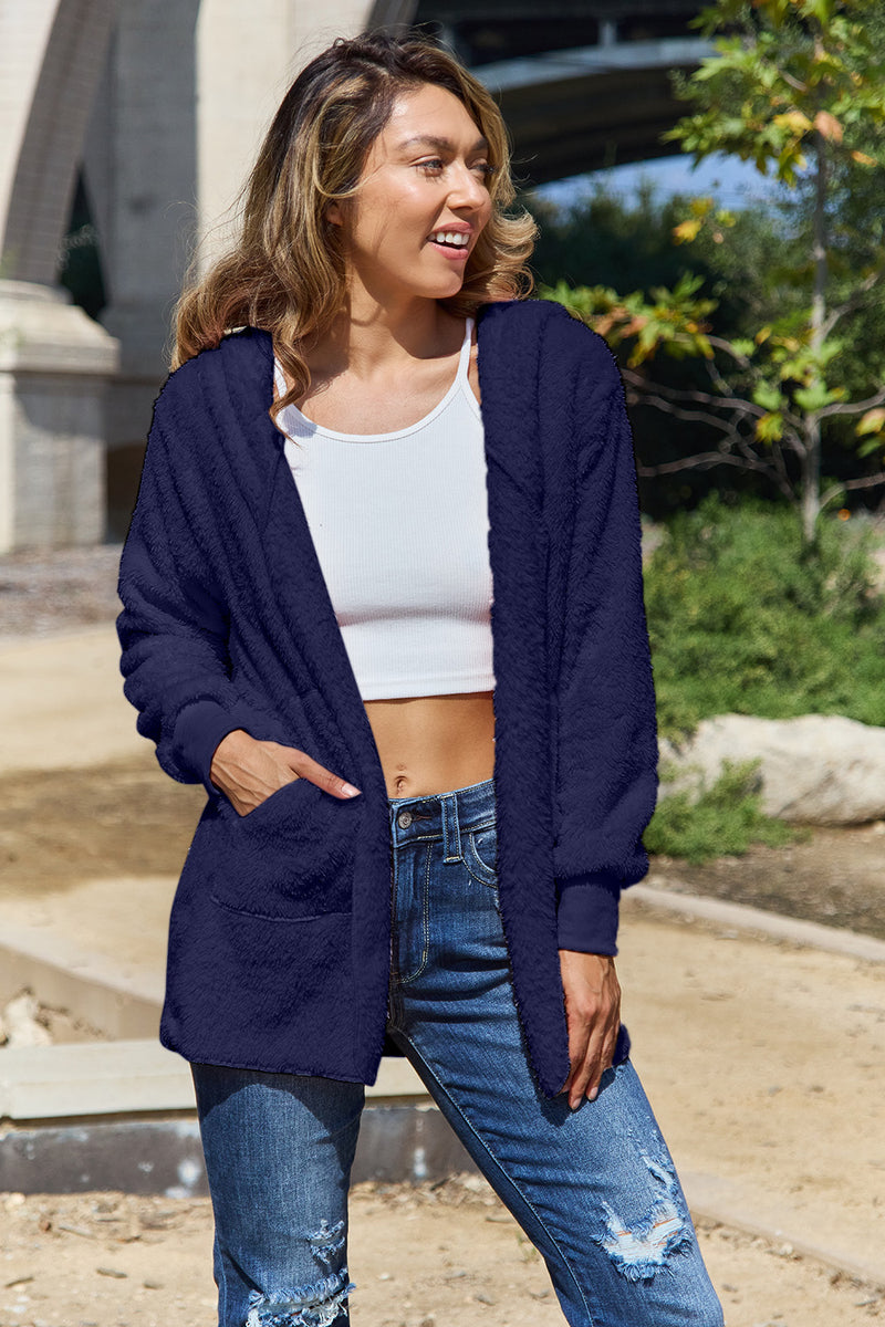 Full Size Teddy Hooded Jacket with Pockets Dark Blue