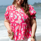 Plus Size Ruffled Printed Notched Short Sleeve Blouse