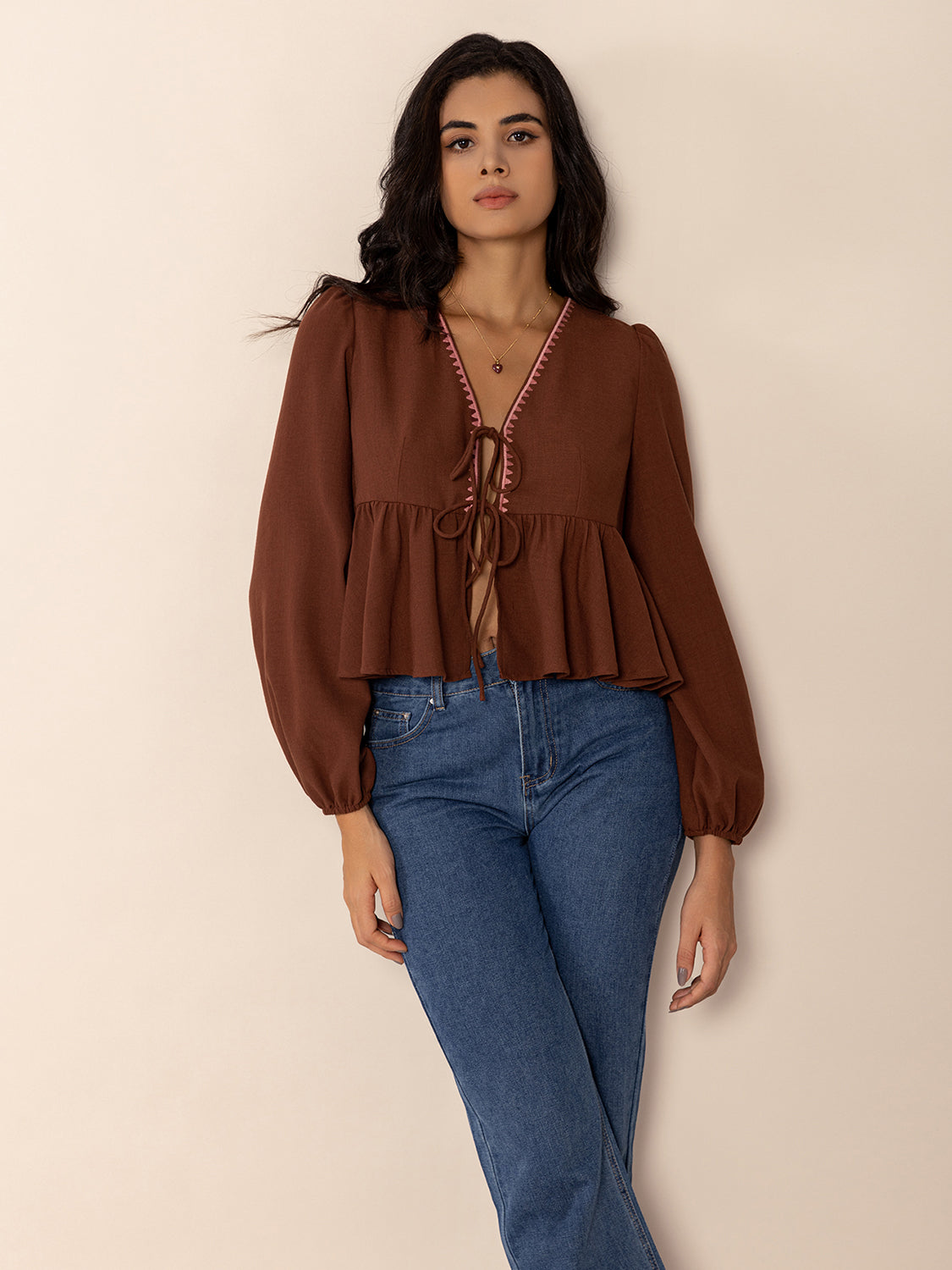 Peplum Tied V-Neck Long Sleeve Blouse Brown