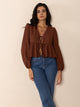 Peplum Tied V-Neck Long Sleeve Blouse Brown