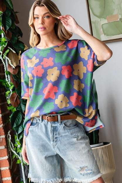 HOPELY Full Size Floral Round Neck Side Slit T-Shirt Navy Green