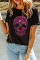 Rhinestone Round Neck Short Sleeve T-Shirt Black