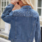 Pearl Detail Collared Neck Long Sleeve Denim Jacket