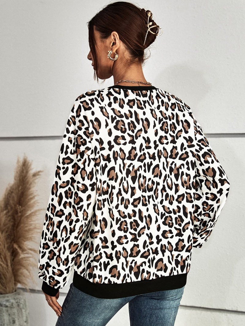 Leopard Round Neck Dropped Shoulder Sweatshirt