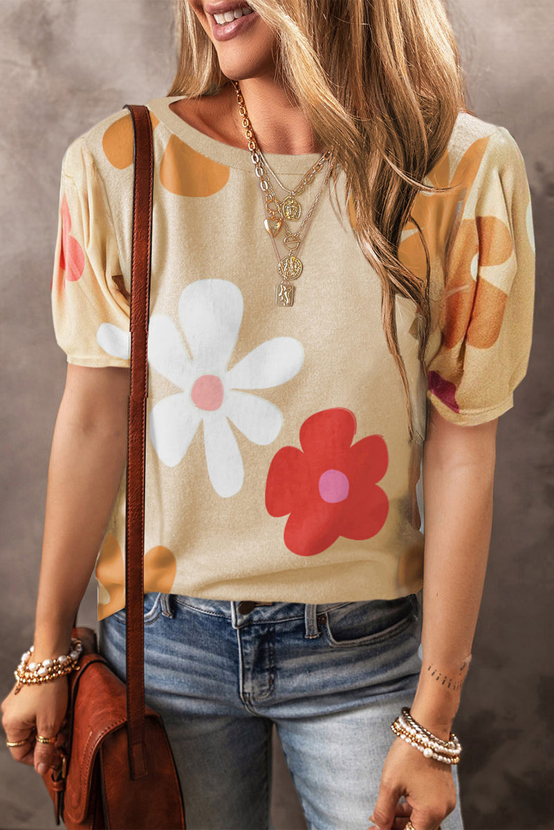 Flower Round Neck Short Sleeve Blouse Tan