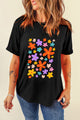 Flower Graphic Round Neck Short Sleeve T-Shirt Black