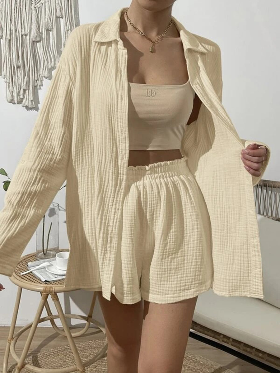 Dropped Shoulder Button Up Top and Elastic Waist Shorts Set Ivory