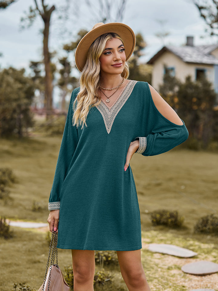 V-Neck Cutout Sleeve Mini Dress Teal