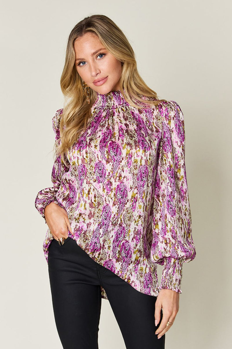 Double Take Full Size Printed Smocked Long Sleeve Blouse Red-Violet