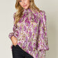 Double Take Full Size Printed Smocked Long Sleeve Blouse