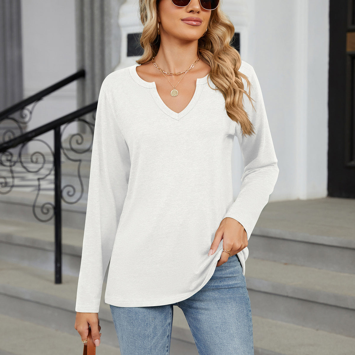 Notched Long Sleeve T-Shirt White
