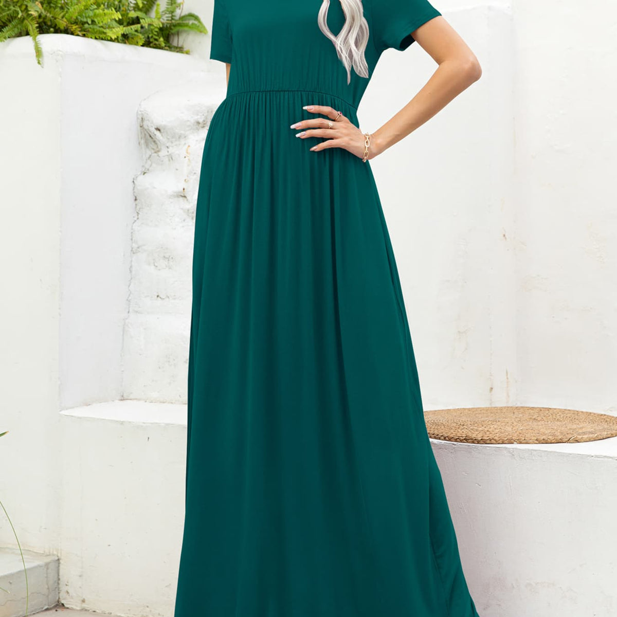 Round Neck Short Sleeve Maxi Dress with Pockets