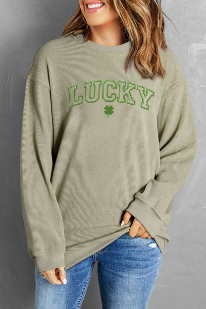 LUCKY Round Neck Dropped Shoulder Sweatshirt Light Green