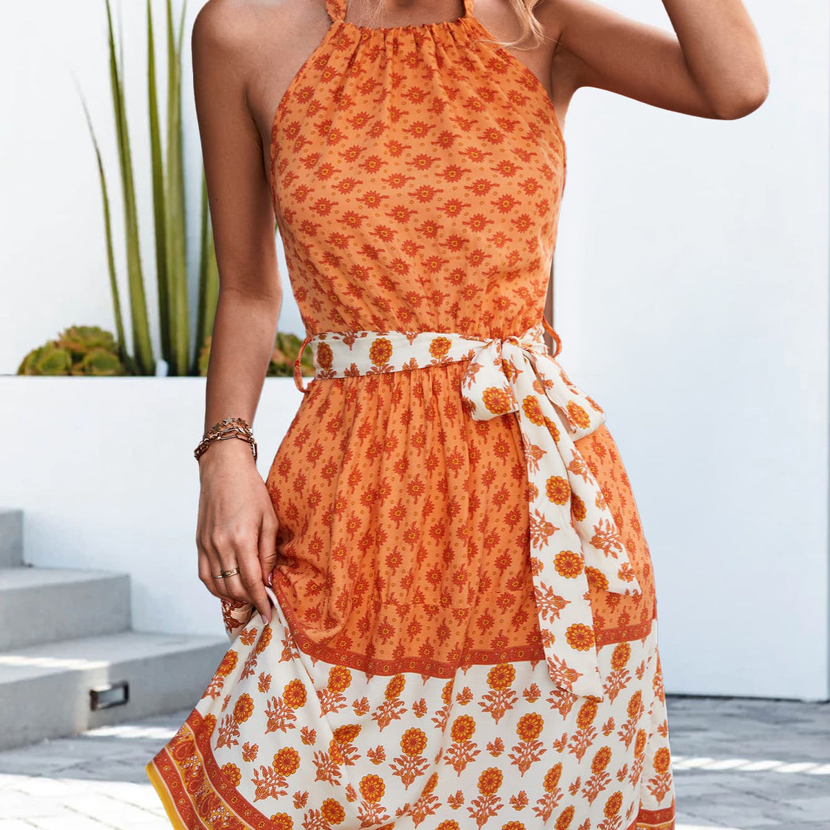 Floral Halter Neck Tie Waist Dress
