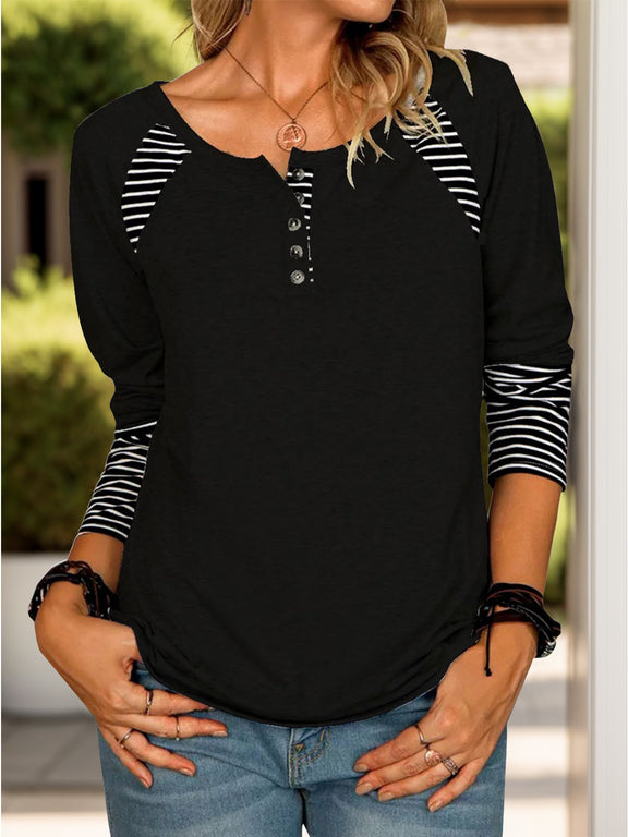 Full Size Striped Quarter Button Long Sleeve T-Shirt Black