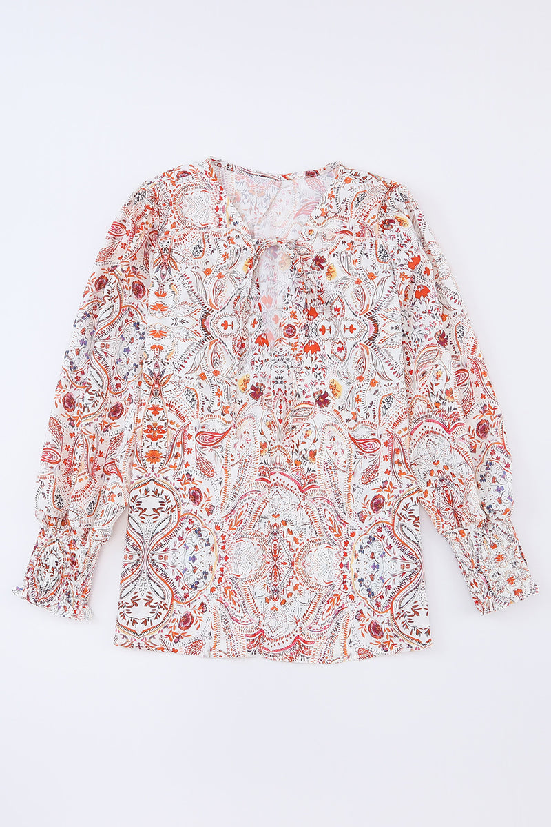 Printed Tie Neck Long Sleeve Blouse