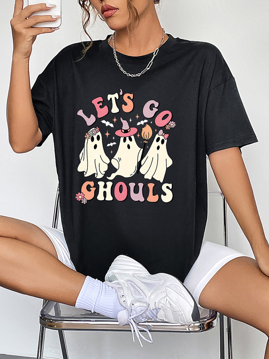 Round Neck Short Sleeve LET'S GO GHOULS Graphic T-Shirt Black