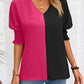 Contrast V-Neck Lantern Sleeve Blouse