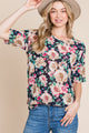 BOMBOM Floral Round Neck T-Shirt Navy