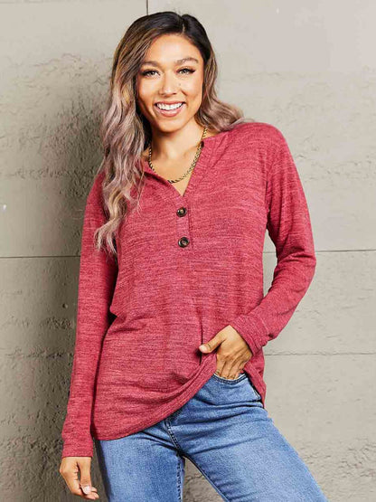 Mandy Buttoned Notched Neck Long Sleeve Top