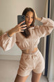 Drawstring Long Sleeve Hooded Top and Shorts Set Tan