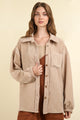 VERY J Mixed Media Button Down Raw Hem Shacket Taupe