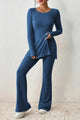 Ribbed Long Sleeve Slit Top and Bootcut Pants Set Royal Blue