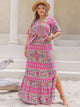 Plus Size Printed V-Neck Half Sleeve Top and Skirt Set Hot Pink