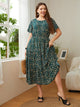 Plus Size Floral Round Neck Short Sleeve Midi Dress Deep Teal