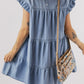 Ruffled Round Neck Cap Sleeve Denim Dress