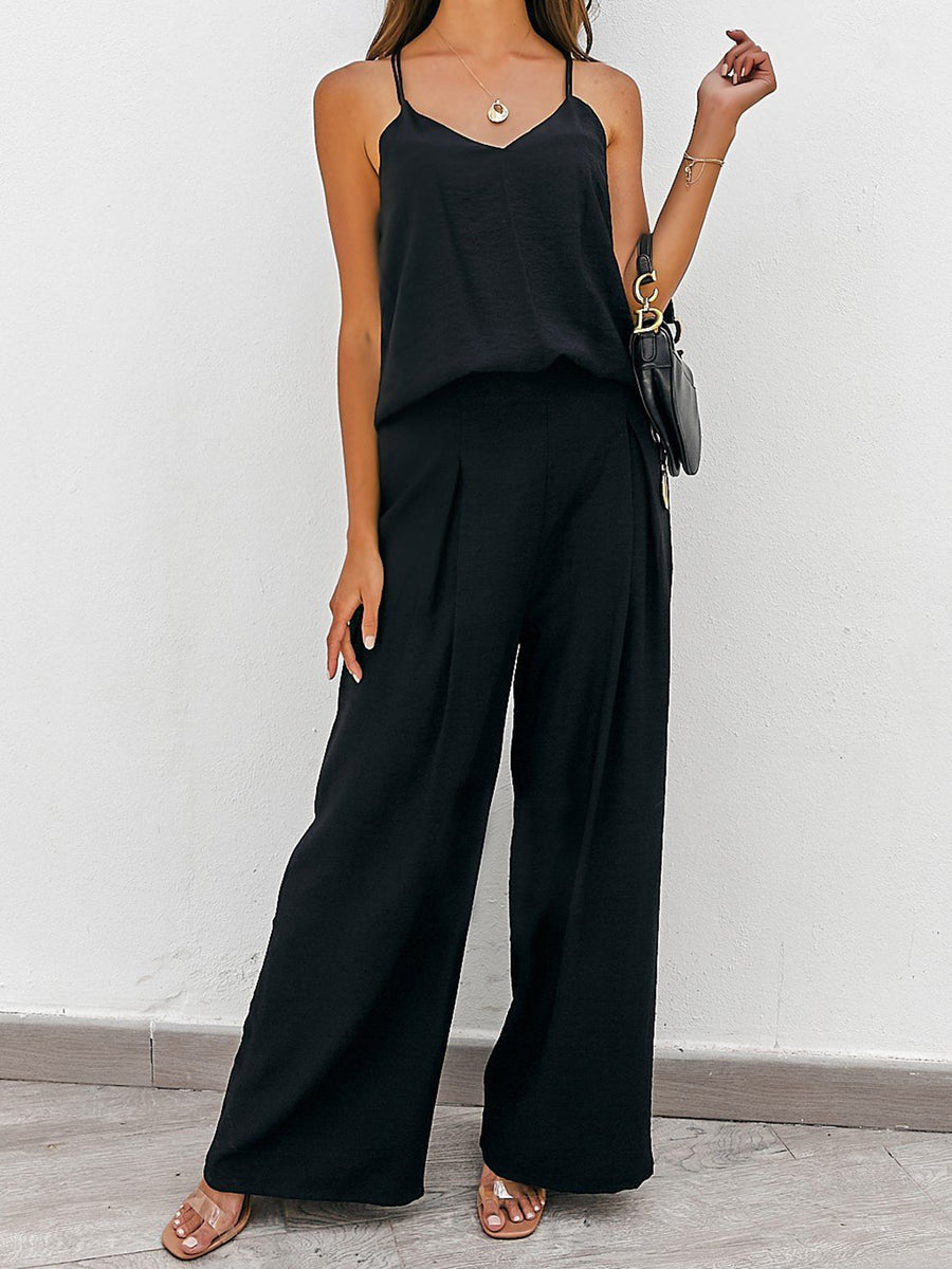 Spaghetti Strap Cami and Wide Leg Pants Set Black