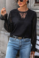 Perfee Lace Detail Smocked Flounce Sleeve Blouse Black