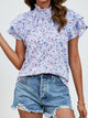 Ditsy Floral Mock Neck Flounce Sleeve Blouse Light Blue