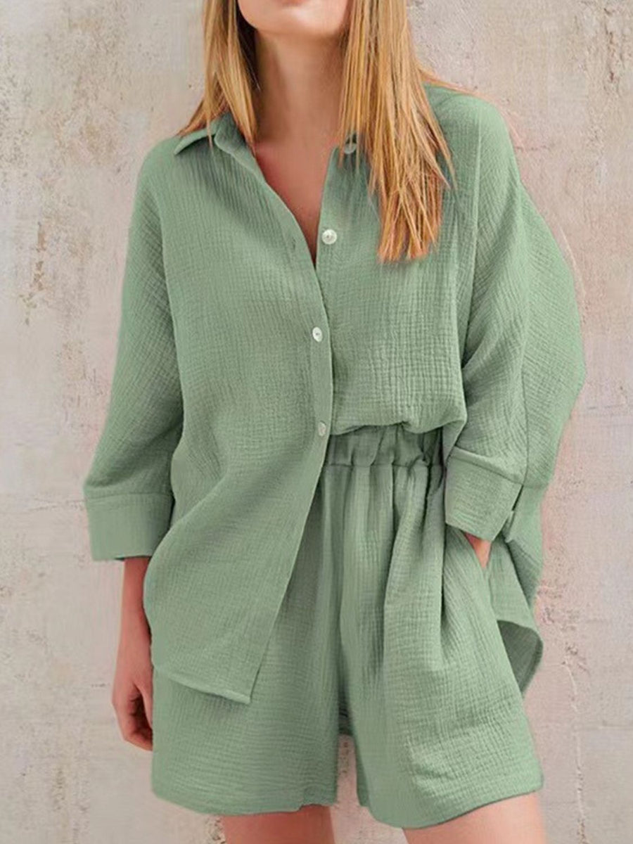Texture Button Up Shirt and Shorts Set Light Green