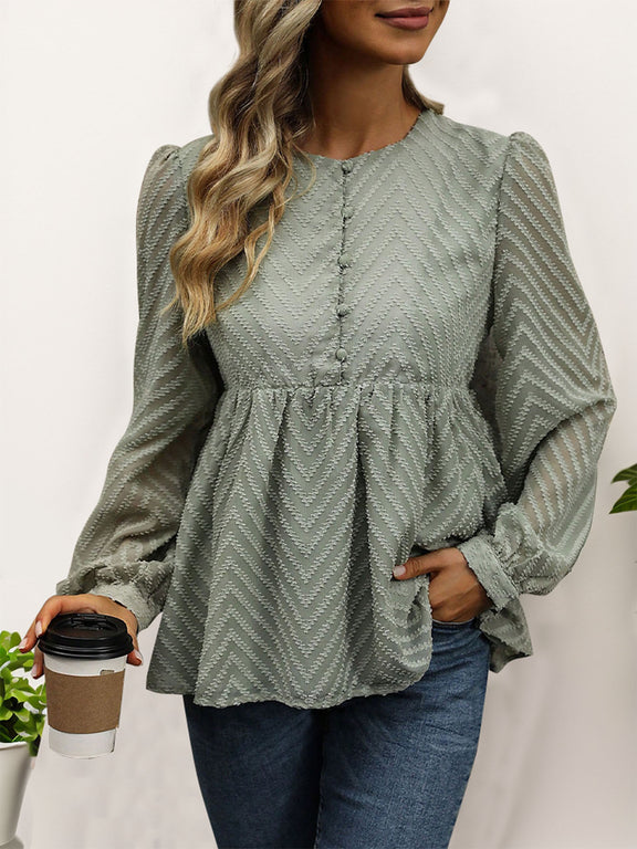 Perfee Peplum Round Neck Long Sleeve Blouse Sage