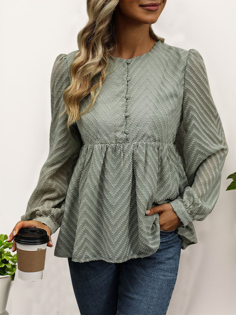 Perfee Peplum Round Neck Long Sleeve Blouse Sage