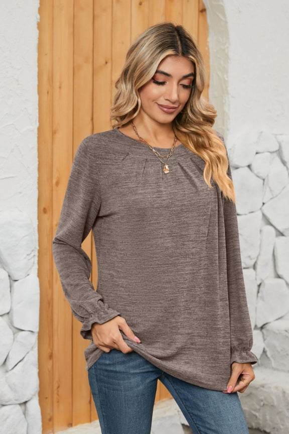 Ruched Round Neck Flounce Sleeve T-Shirt Mocha