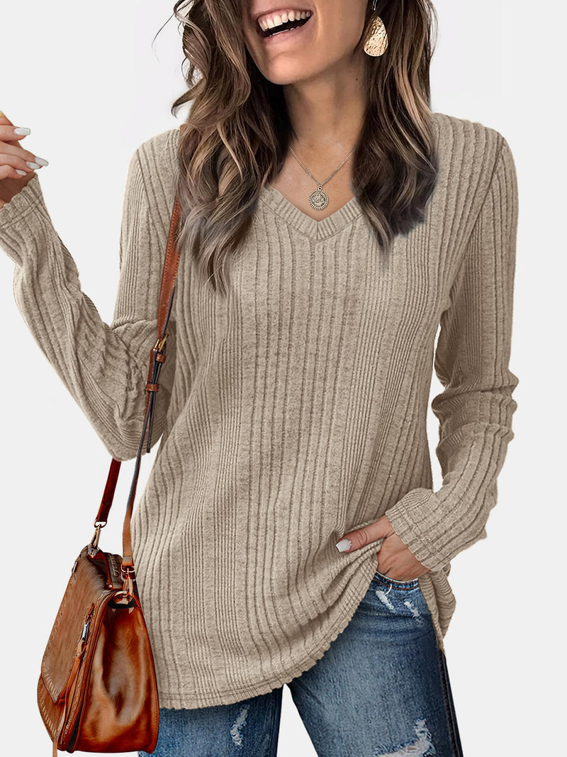 V-Neck Long Sleeve T-Shirt Khaki