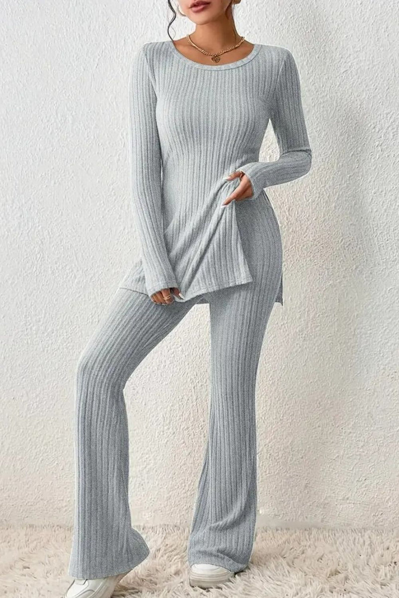 Ribbed Long Sleeve Slit Top and Bootcut Pants Set Light Gray