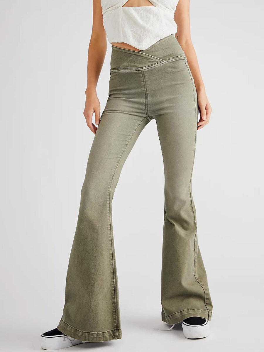 Asymmetric Waist Flare Jeans Moss