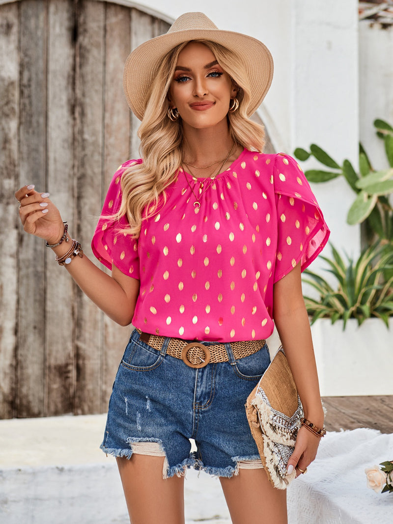 Printed Round Neck Petal Sleeve Blouse