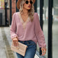 Swiss Dot V-Neck Long Sleeve Blouse