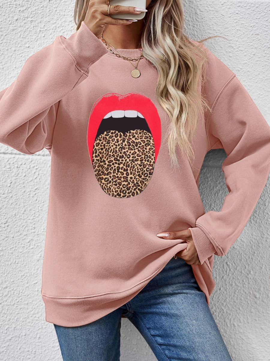 Leopard Lip Graphic Round Neck Sweatshirt Blush Pink