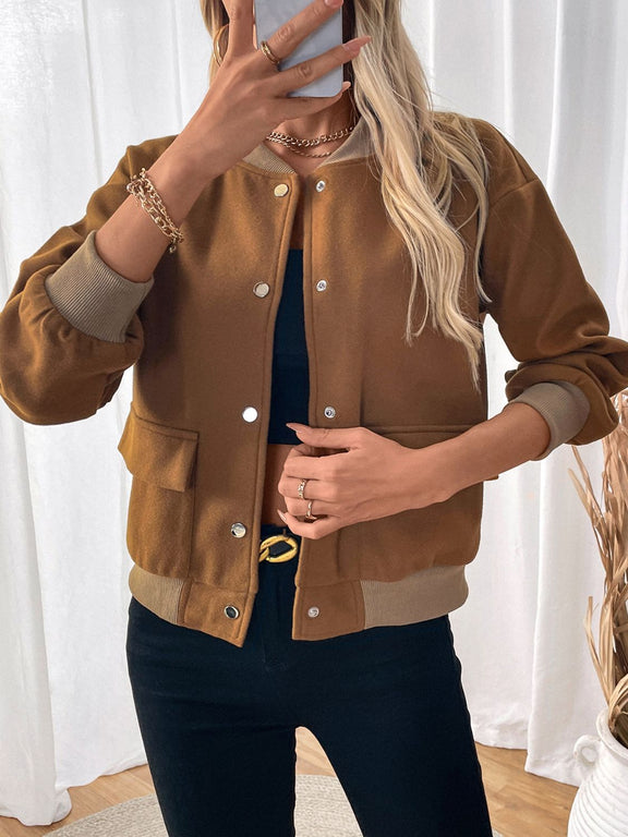 Perfee Baseball Collar Snap Down Long Sleeve Jacket Caramel