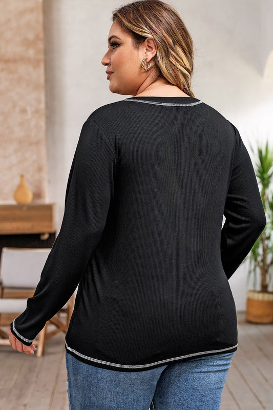 Plus Size Notched Neck Long Sleeve T-Shirt