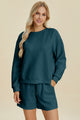 Double Take Full Size Texture Round Neck Long Sleeve Top and Shorts Set Peacock Blue