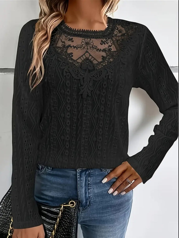 Lace Eyelet Long Sleeve Top Black
